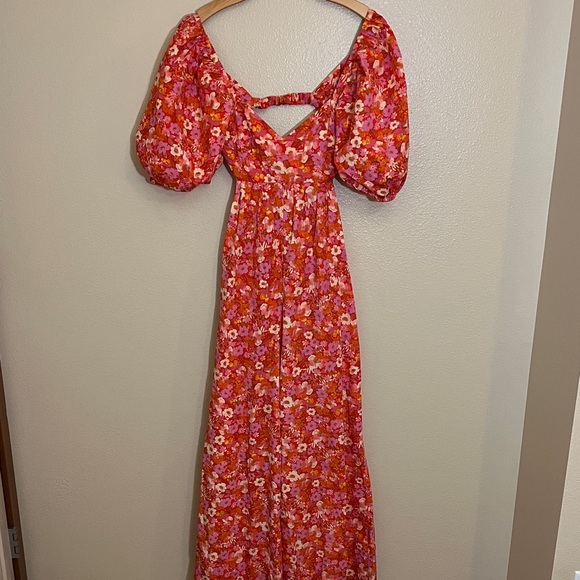 NWT Free People Amy Red Pink Floral Puff Sleeve Open Back Romper Jumpsuit - Picture 2 of 15